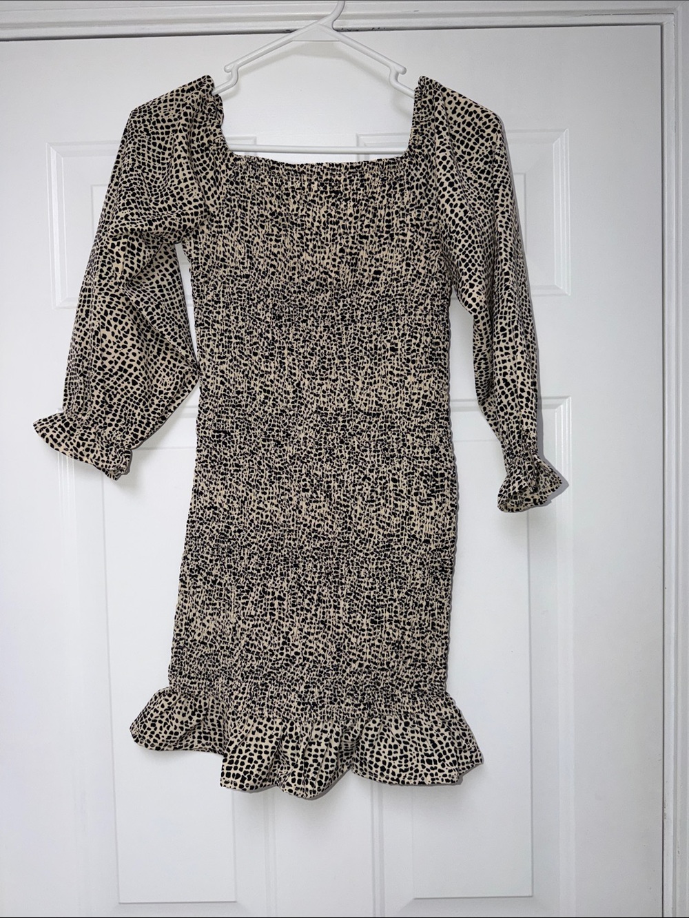 Pink Lily Beige and Black Smocked Leopard-Print Mini Dress